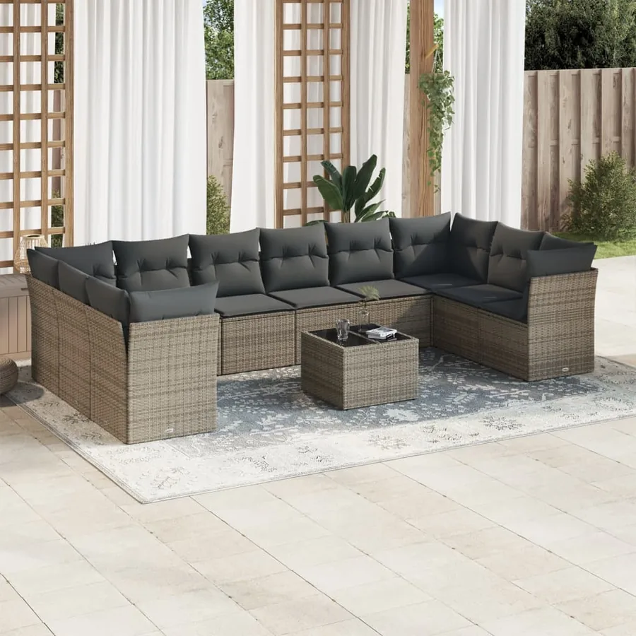 Salon de jardin 11 pcs avec coussins gris résine tressée
