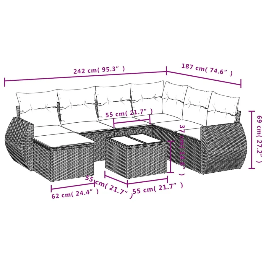 Salon de jardin 8 pcs avec coussins gris résine tressée - 3