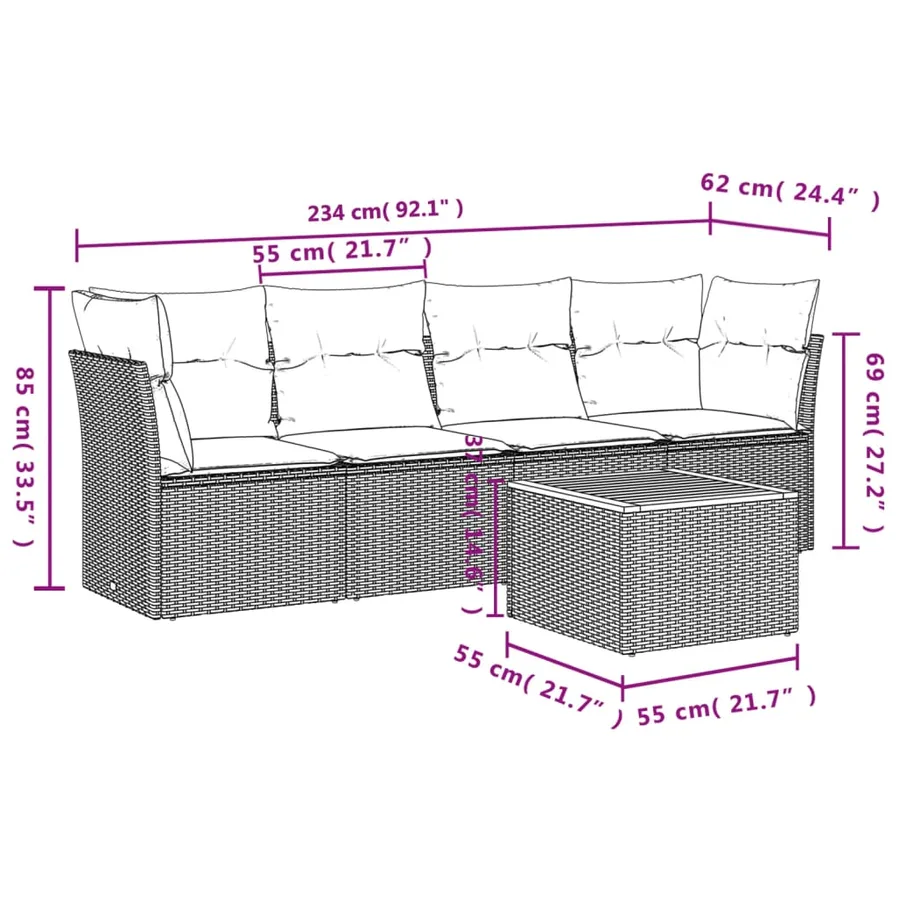 Salon de jardin 5 pcs avec coussins gris résine tressée - 10