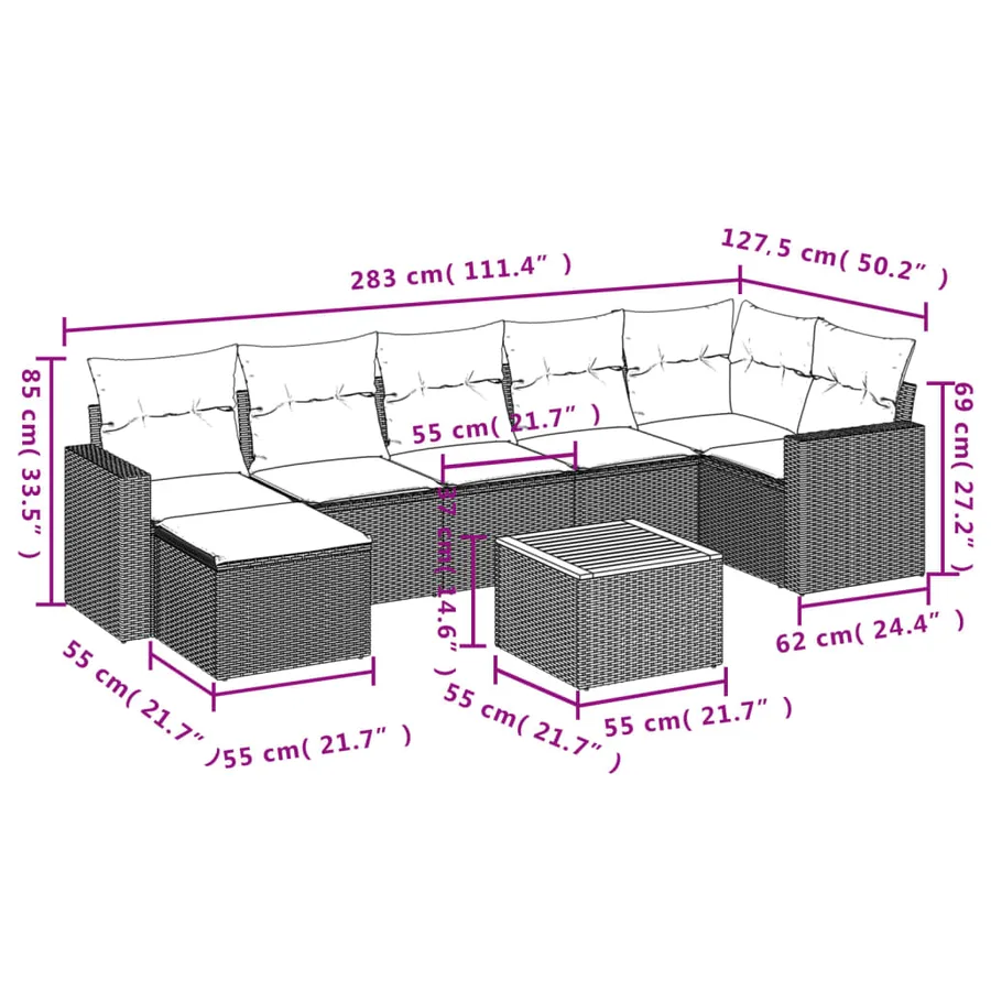 Salon de jardin 8 pcs avec coussins gris résine tressée - 14
