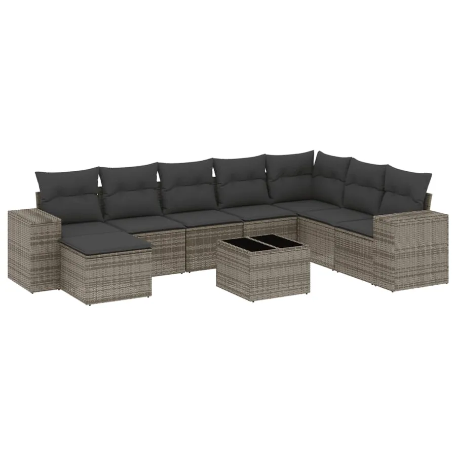 Salon de jardin 9 pcs avec coussins gris résine tressée - 2