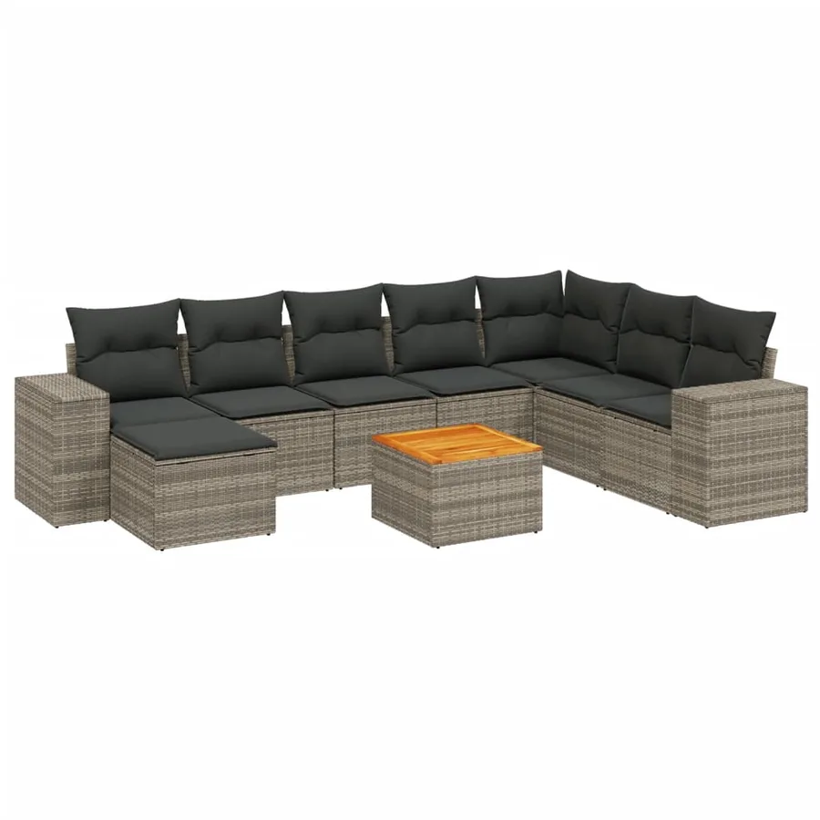 Salon de jardin 9 pcs avec coussins gris résine tressée - 2