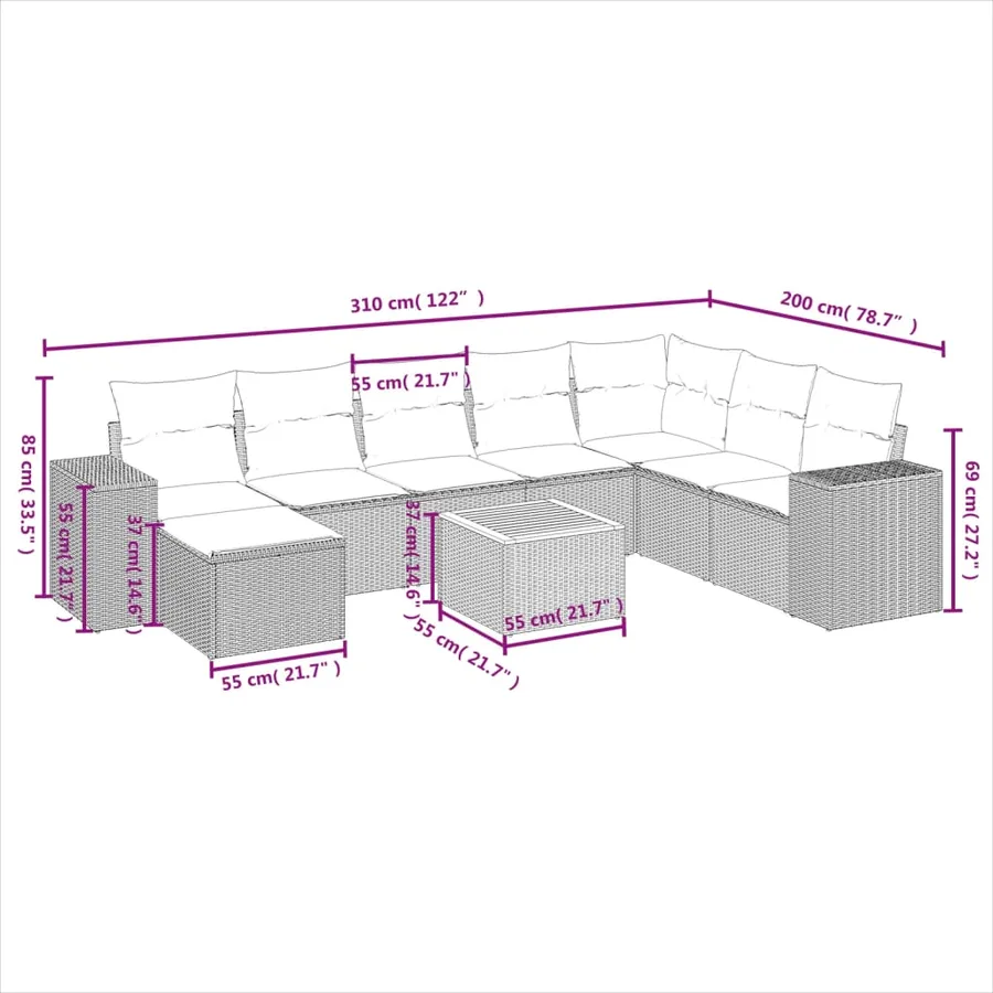 Salon de jardin 9 pcs avec coussins gris résine tressée - 3