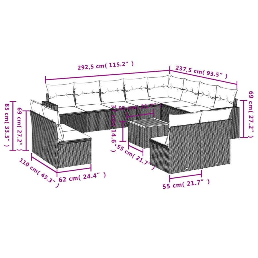 Salon de jardin avec coussins 13 pcs gris résine tressée - 12