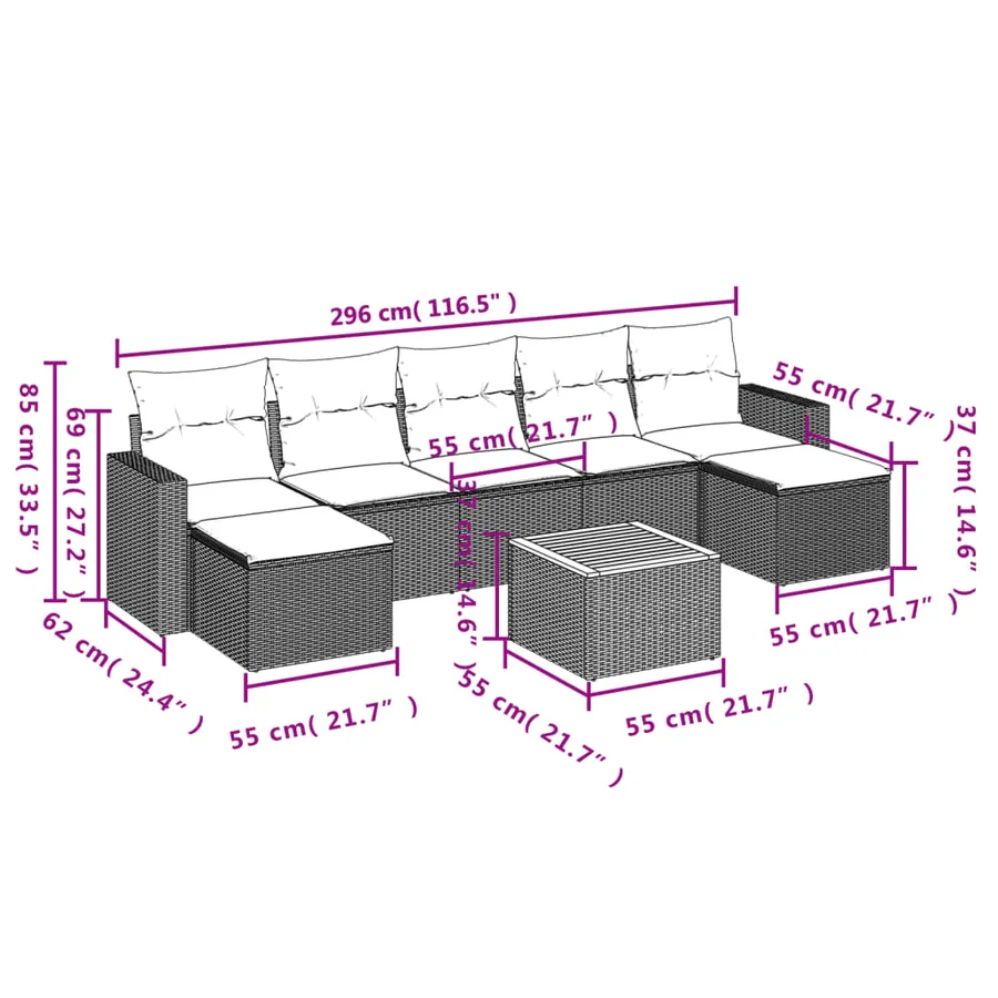 Salon de jardin 8 pcs avec coussins gris résine tressée - 10