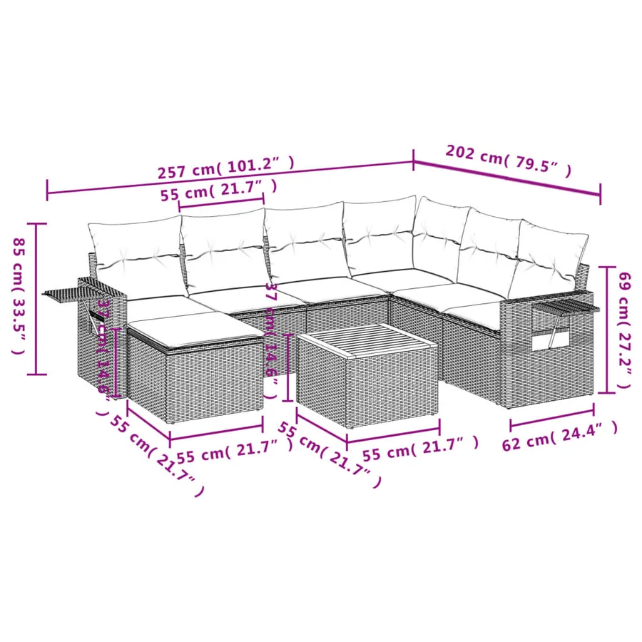 Salon de jardin 8 pcs avec coussins gris résine tressée - 3