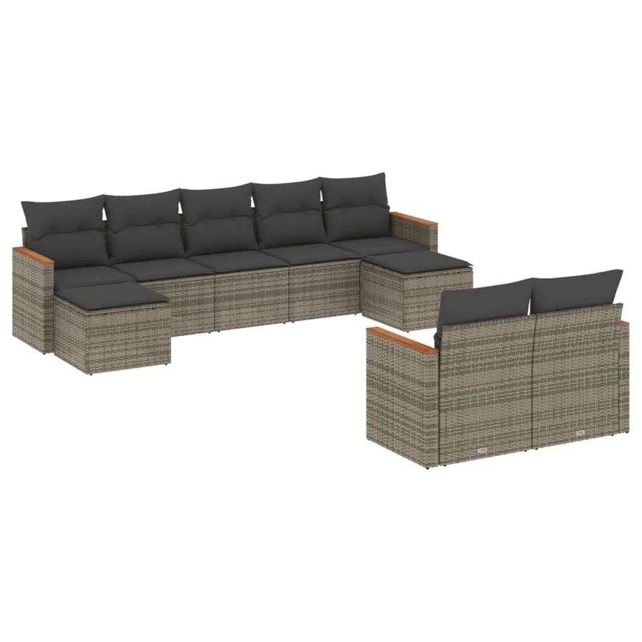 Salon de jardin 9 pcs avec coussins gris résine tressée - 2