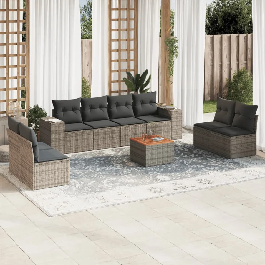 Salon de jardin 9 pcs avec coussins gris résine tressée