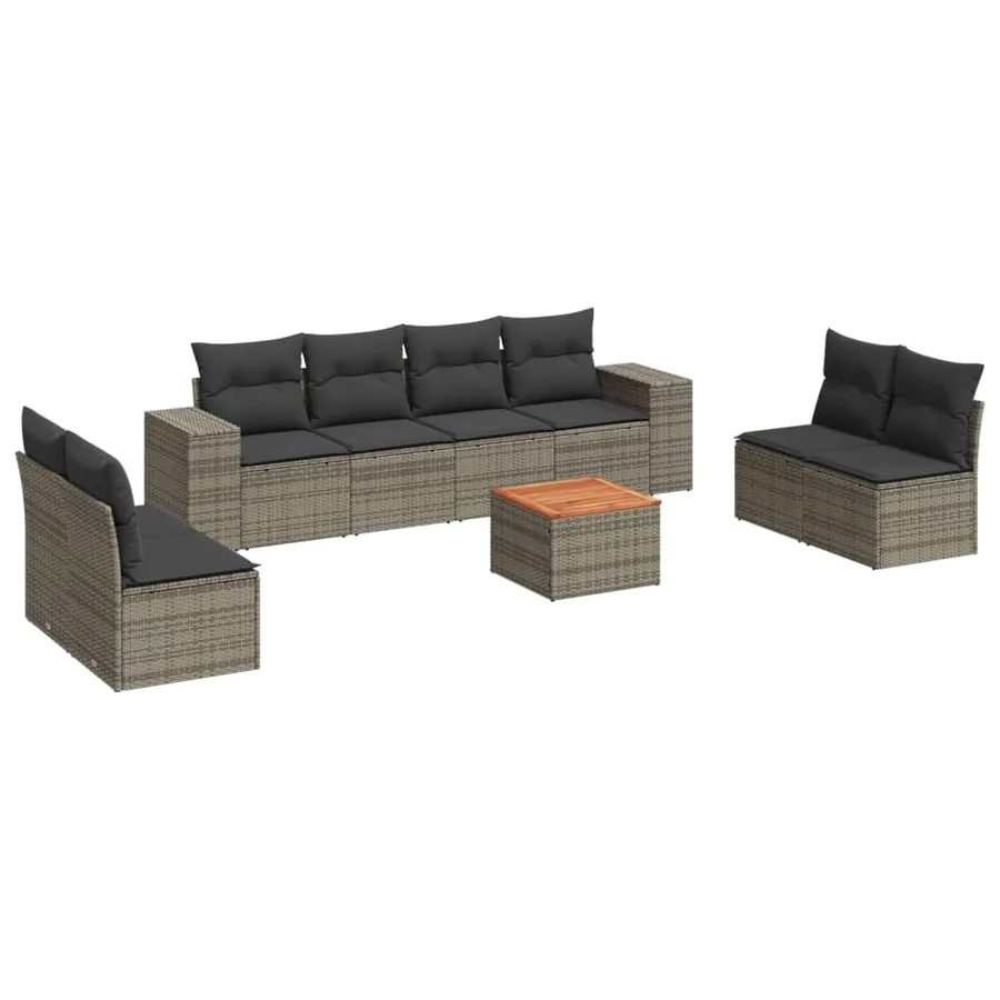 Salon de jardin 9 pcs avec coussins gris résine tressée - 2