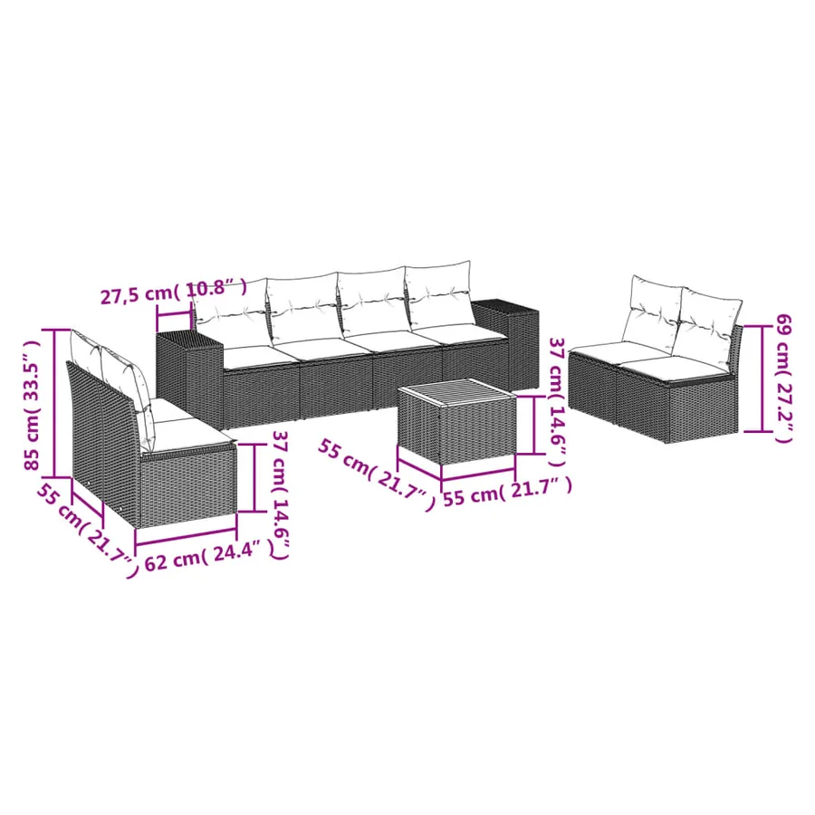 Salon de jardin 9 pcs avec coussins gris résine tressée - 3