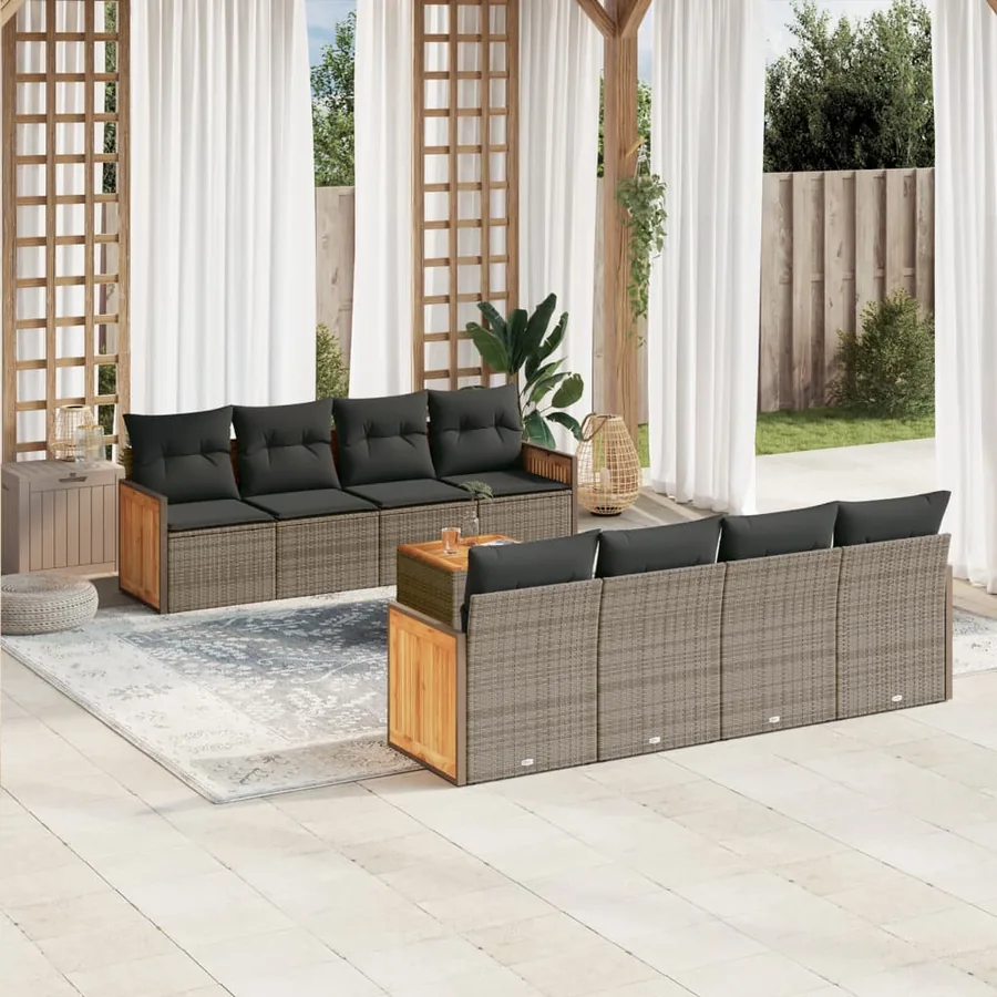 Salon de jardin 9 pcs avec coussins gris résine tressée