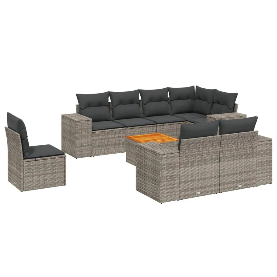 Salon de jardin 9 pcs avec coussins gris résine tressée - 2