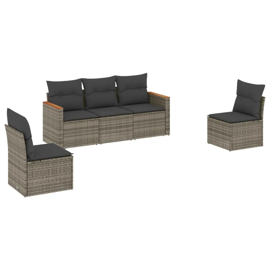 Salon de jardin 5 pcs avec coussins gris résine tressée - 2
