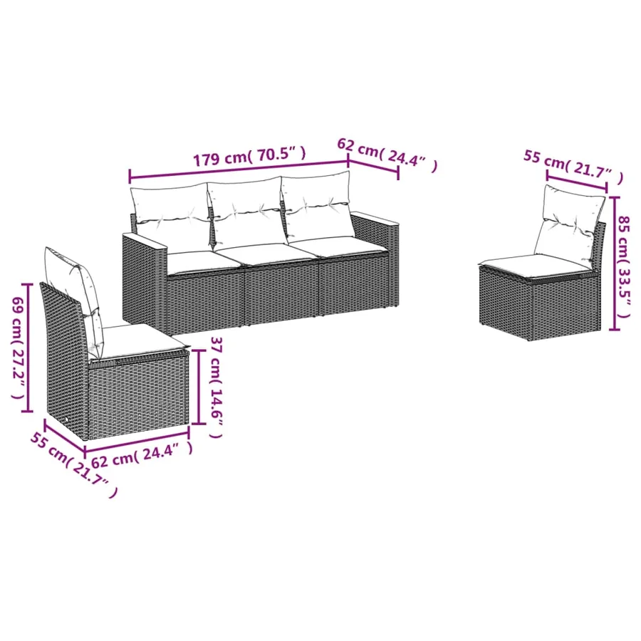 Salon de jardin 5 pcs avec coussins gris résine tressée - 3