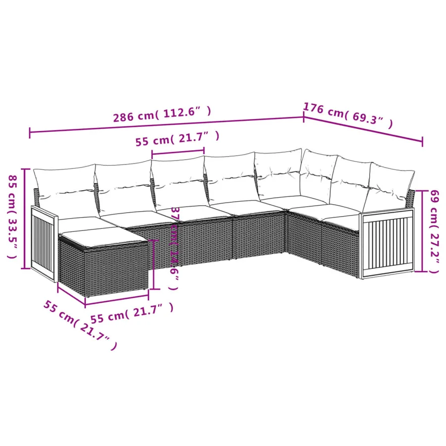 Salon de jardin 8 pcs avec coussins gris résine tressée - 3