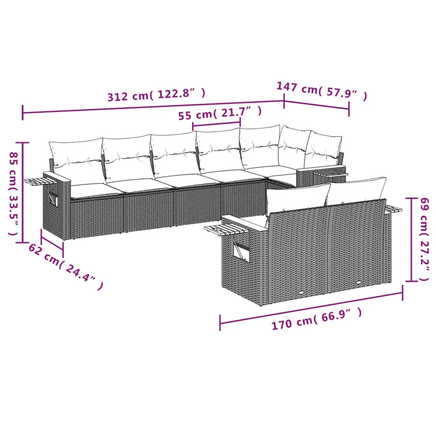 Salon de jardin 8 pcs avec coussins gris résine tressée - 3