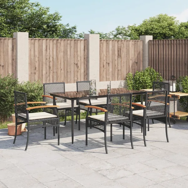Ensemble à manger de jardin coussins 7pcs Noir Résine tressée