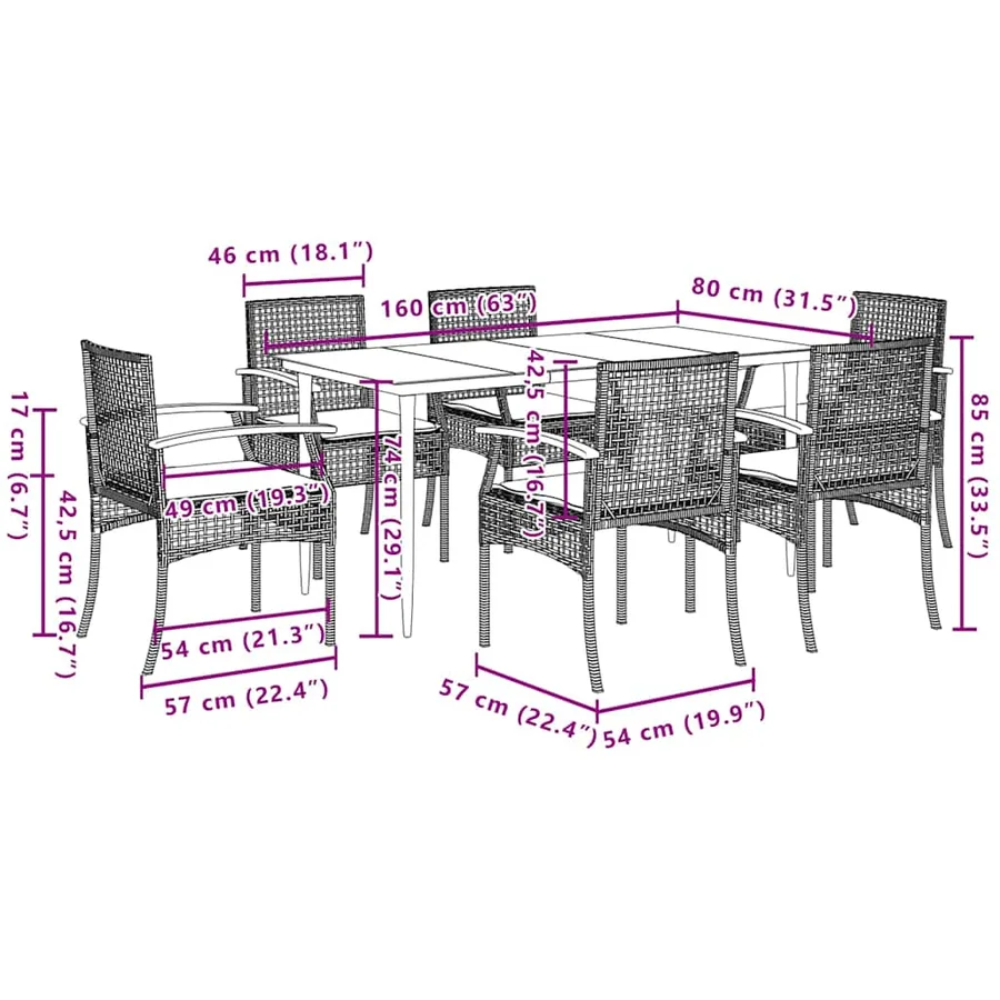 Ensemble à manger de jardin coussins 7pcs Noir Résine tressée - 7