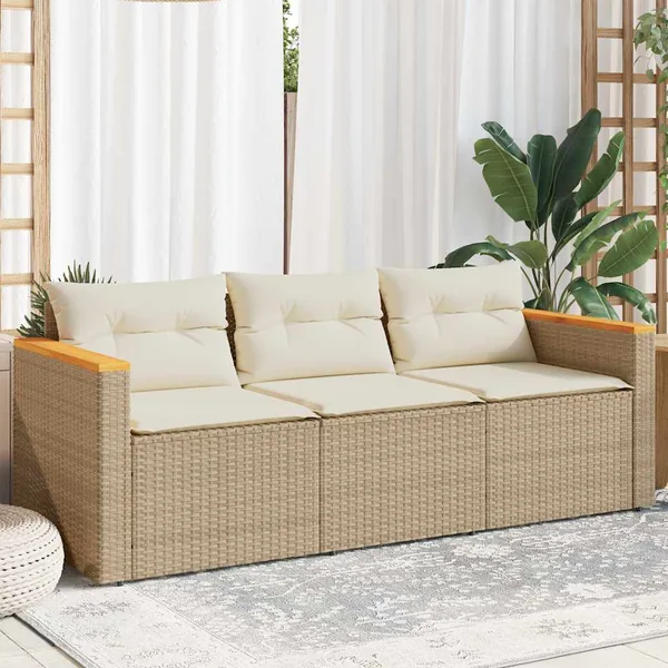 Canapé de jardin avec coussins 3 places beige résine tressée
