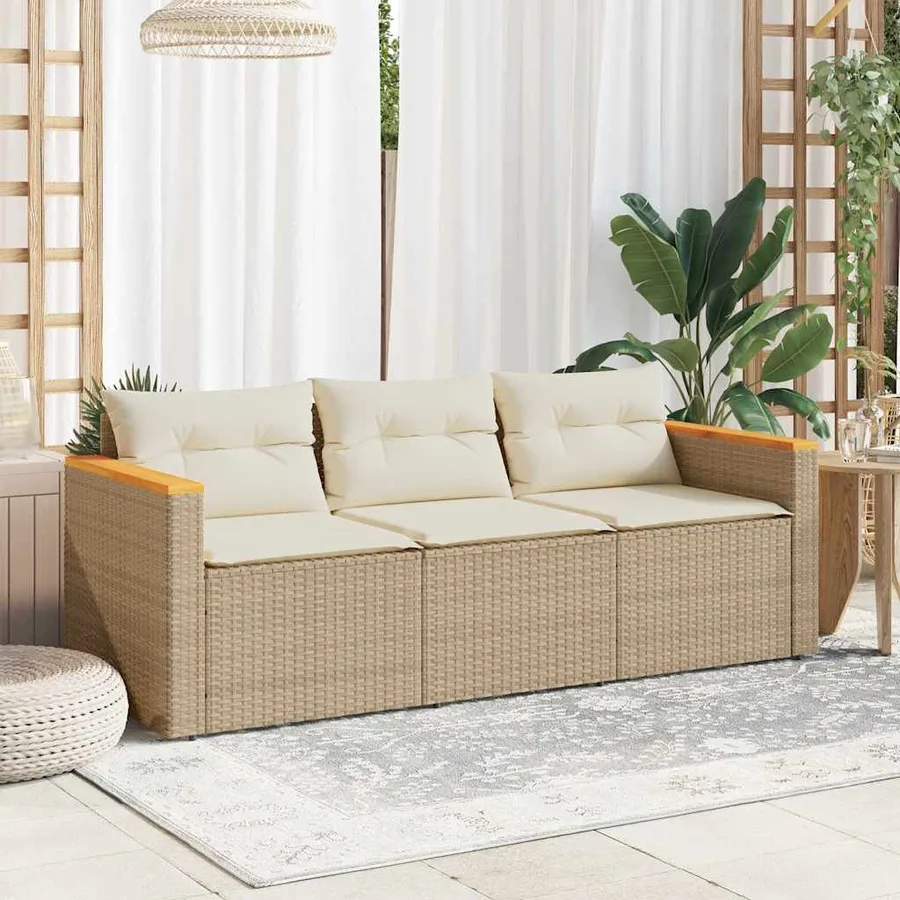 Canapé de jardin avec coussins 3 places beige résine tressée - 3