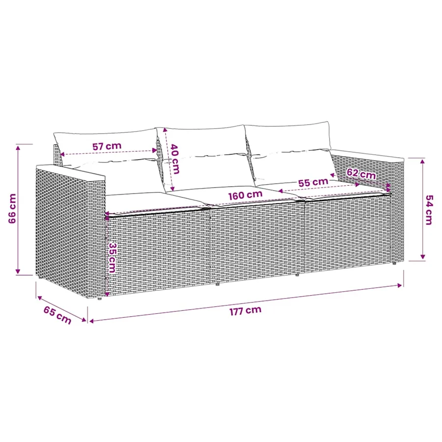 Canapé de jardin avec coussins 3 places beige résine tressée - 9
