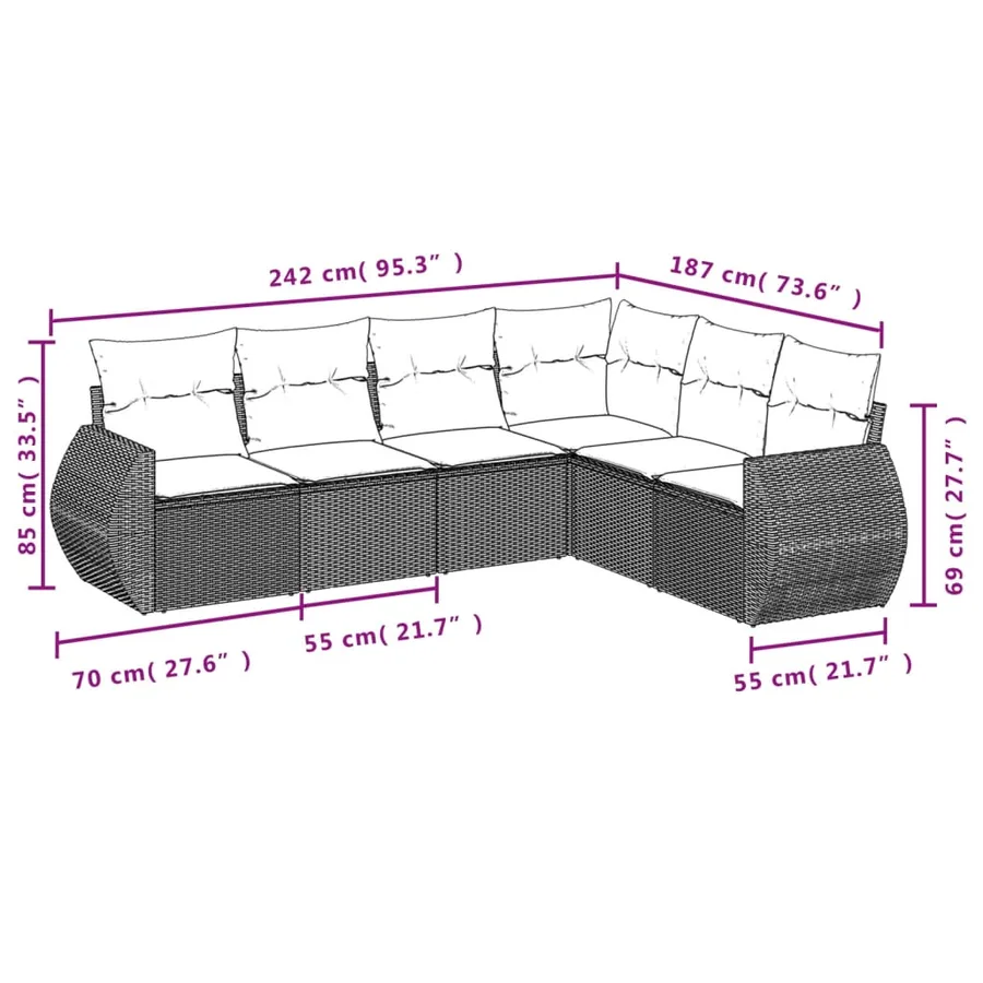 Salon de jardin 6 pcs avec coussins gris résine tressée - 3