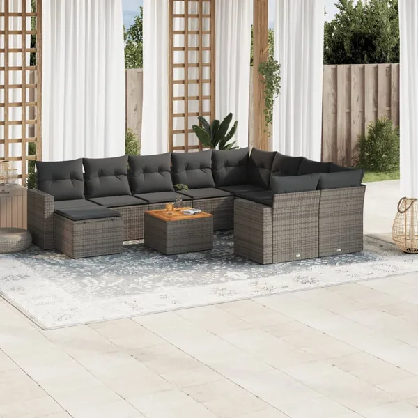 Salon de jardin 11 pcs avec coussins gris résine tressée