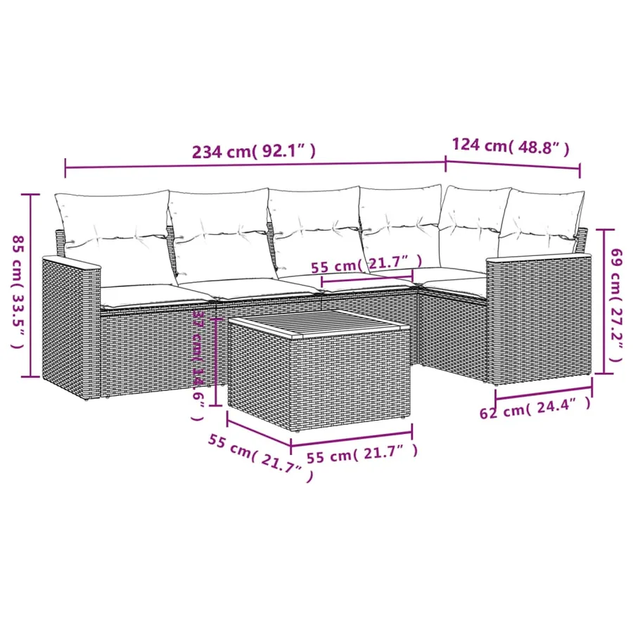 Salon de jardin 6 pcs avec coussins gris résine tressée - 3