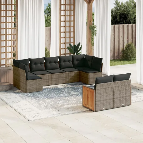 Salon de jardin 9 pcs avec coussins gris résine tressée