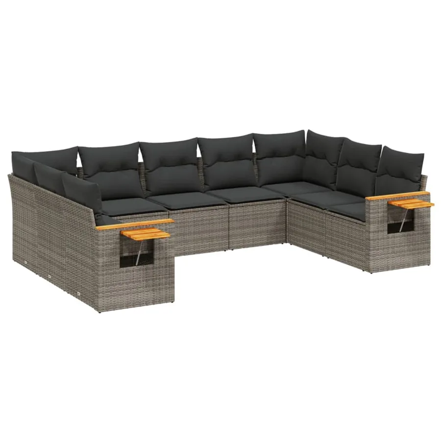 Salon de jardin 9 pcs avec coussins gris résine tressée - 2