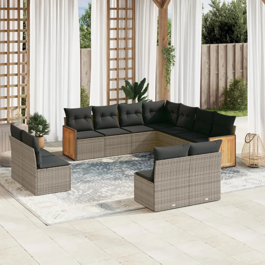 Salon de jardin 11 pcs avec coussins gris résine tressée