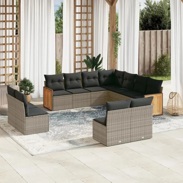 Salon de jardin 11 pcs avec coussins gris résine tressée