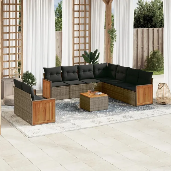 Salon de jardin avec coussins 10 pcs gris résine tressée
