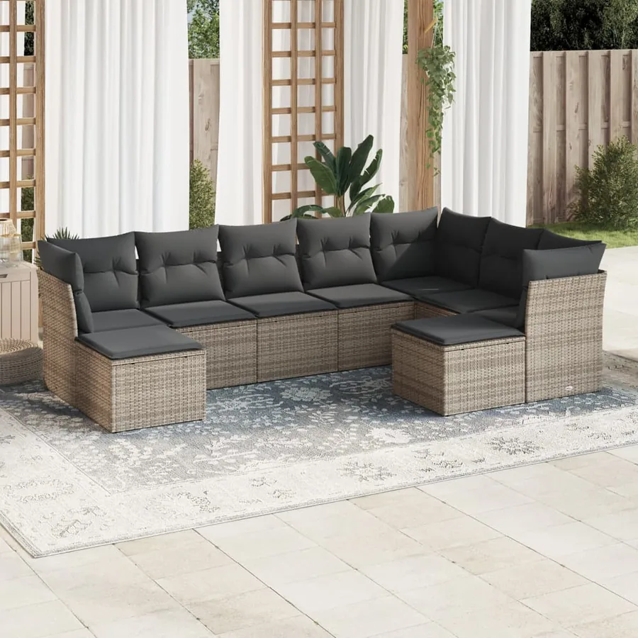 Salon de jardin 9 pcs avec coussins gris résine tressée