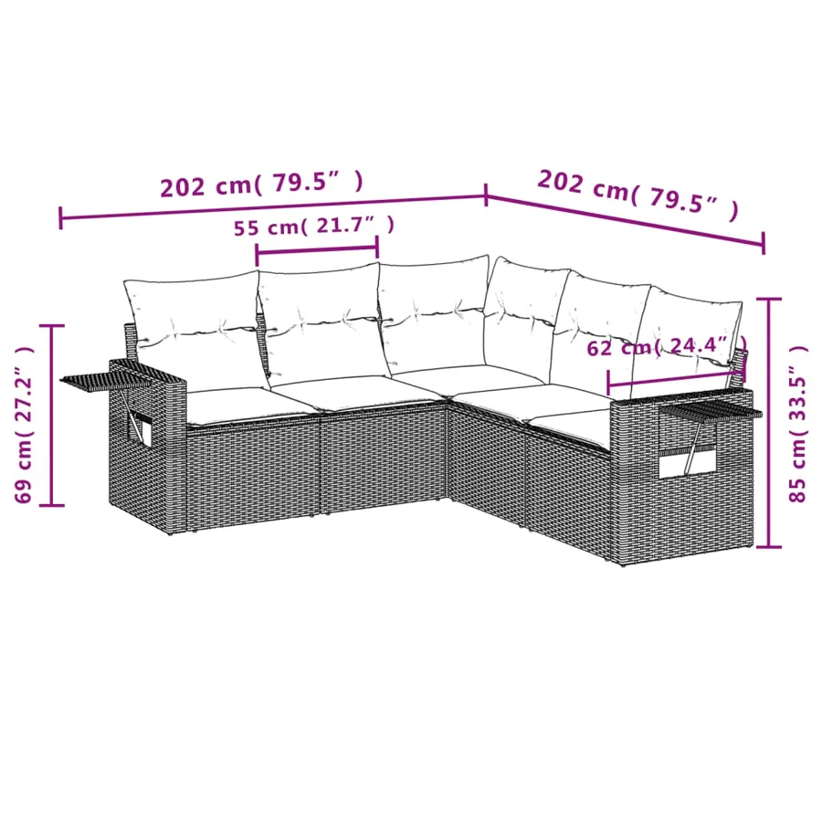 Salon de jardin 5 pcs avec coussins gris résine tressée - 3