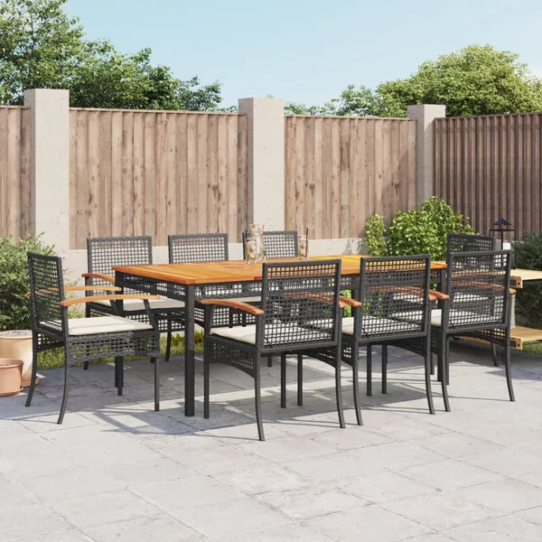 Ensemble à manger de jardin 9pcs coussins noir résine tressée