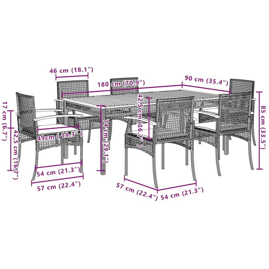 Ensemble à manger de jardin et coussins 7 pcs gris rotin - 6