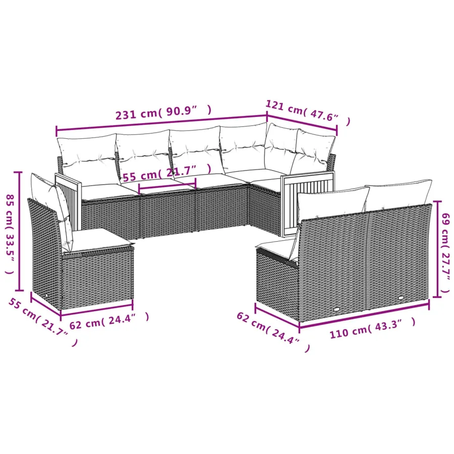 Salon de jardin avec coussins 8 pcs beige résine tressée - 3