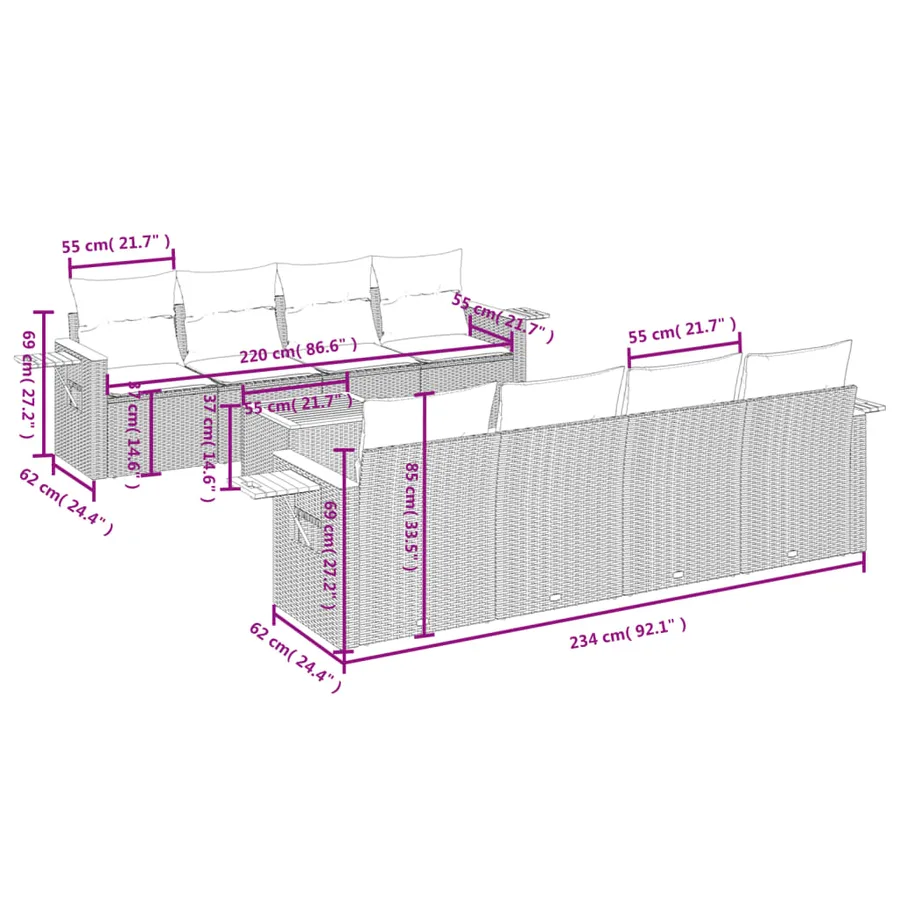 Salon de jardin avec coussins 9 pcs beige résine tressée - 3