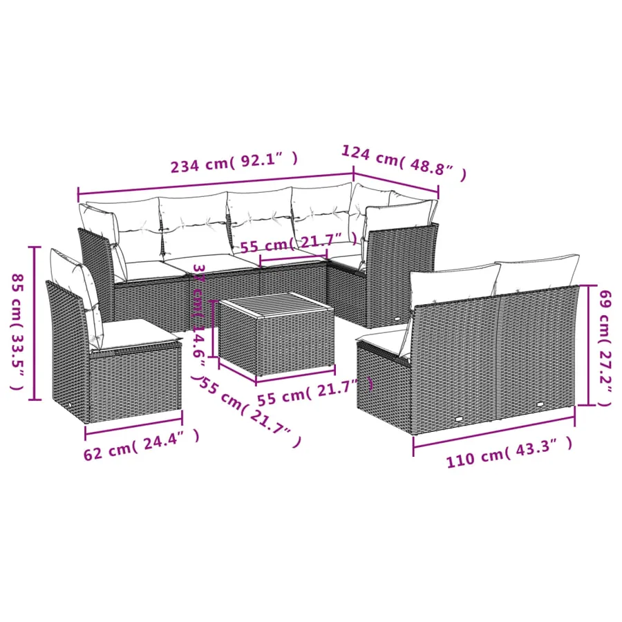 Salon de jardin avec coussins 9 pcs beige résine tressée - 7