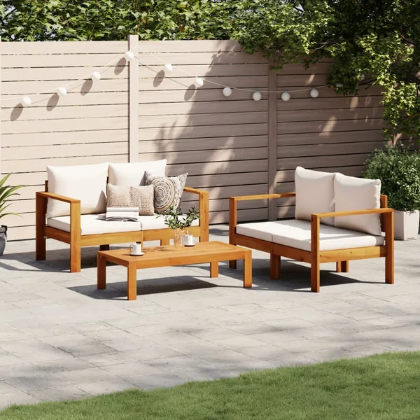 Salon de jardin avec coussins 3 pcs bois massif d'acacia