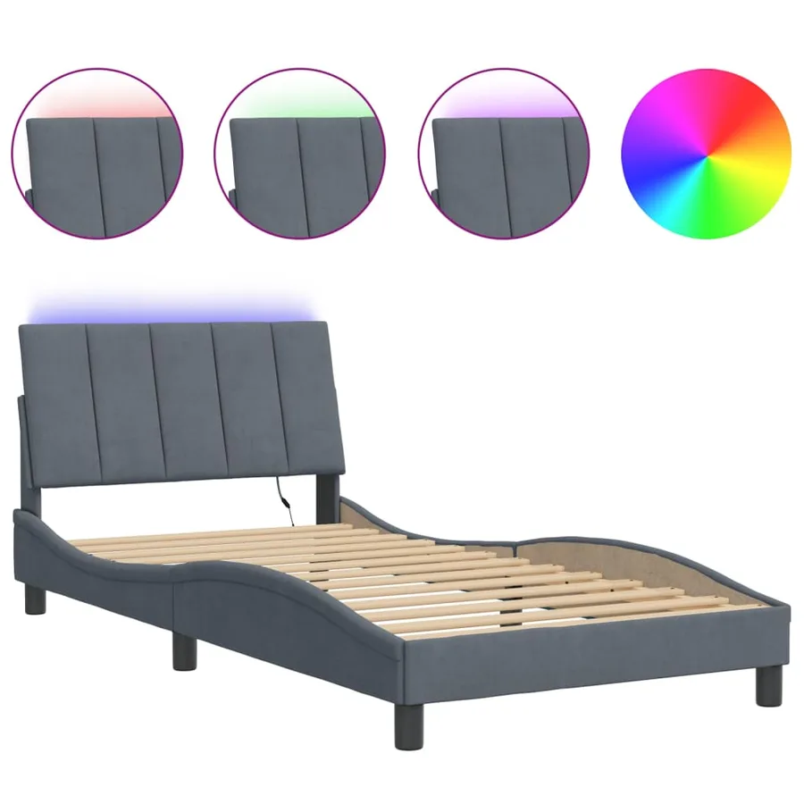 Cadre de lit avec LED sans matelas Hanko gris foncé 100x200cm velours - 2