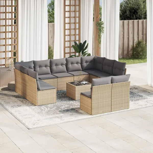Salon de jardin avec coussins 12 pcs beige résine tressée