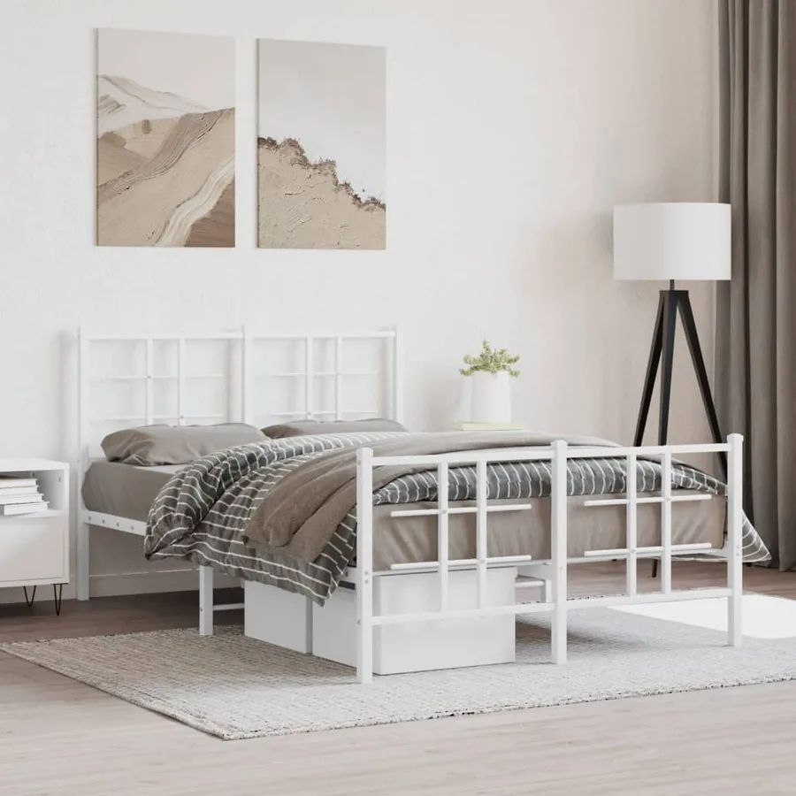 Cadre de lit métal sans matelas et pied de lit blanc 120x200 cm