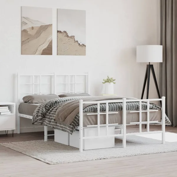 Cadre de lit métal sans matelas et pied de lit blanc 120x200 cm