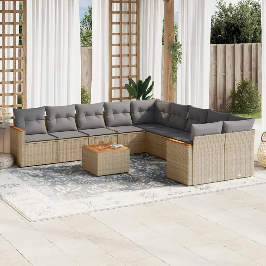 Salon de jardin 11 pcs avec coussins beige résine tressée