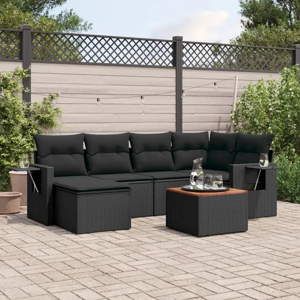 Salon de jardin 7 pcs avec coussins noir résine tressée 62 x 62 x 69 cm - 58,4 kg