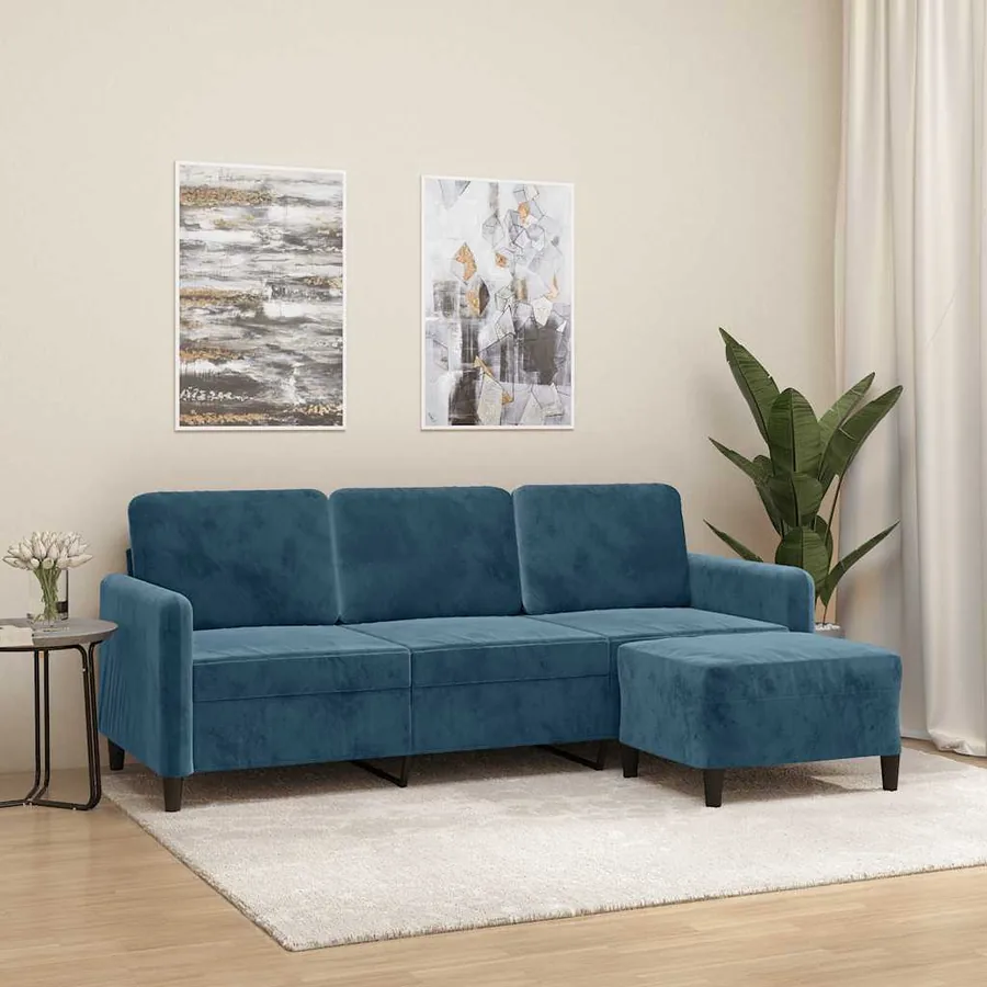 Canapé à 3 places avec repose-pieds Bleu 180 cm Velours