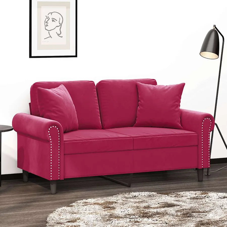 Canapé 2 places avec oreillers bordeaux 120 cm velours