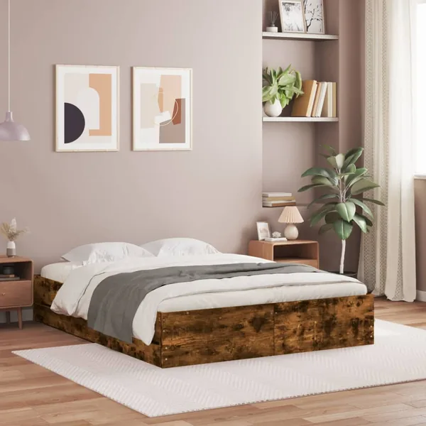 Cadre de lit avec tiroirs sans matelas chêne fumé 150x200 cm